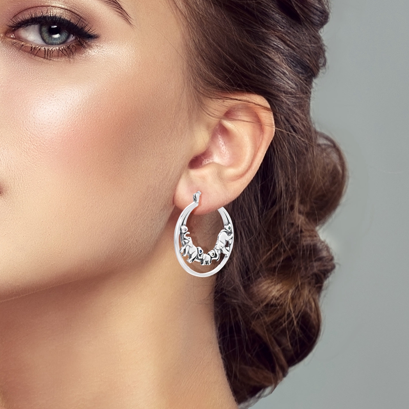 Women's Elephant Family Double-Layer S925 Silver Hoop Earrings